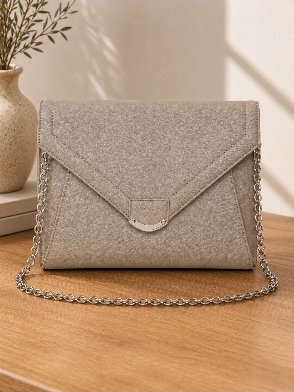Sondra Roberts Taupe Envelop Clutch Convertible Chain Shoulder Bag